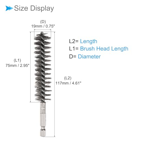 Image of Bore Brush, 19mm Dia 75mm Length, Stainless Steel Twisted Cleaning Wire Brushes with 1 /4 inch Hex Shank - (Applications: for Power Drill), 2-Pieces