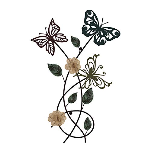 Lavish Home Garden Metal Wall Art Hand Painted 3D Butterflies/Flowers For Modern Farmhouse Rustic Home Or Office Decor, 15” L X 2” W X 24” H, Multicolor #TOP1