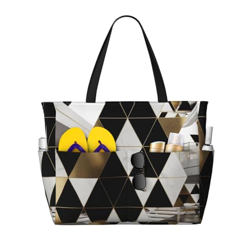 (Fashion Modern Black White Gold Triangles) Large Beach Tote Bag for Women Waterproof Sandproof Travel Shoulder Bag with Pocket for Pool Vacation Weekend Gym