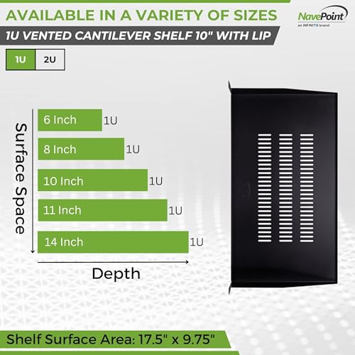 Image of NavePoint Cantilever Server Shelf Vented Shelves Rack Mount 19 Inch 1U Black 10 Inches (250mm) deep
