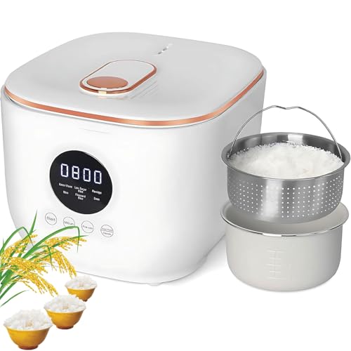 Mini Rice Cooker, 3L Non-Stick Pot with Steamer Basket, 5-in-1 Multi-Cooker, 24h Delay Timer & 8h Keep Warm, Compact Electric Cooker for 1-4 People, BPA-Free