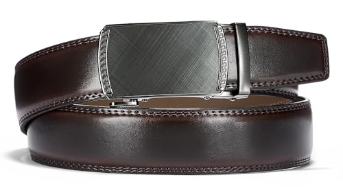 Image of Chaoren Leather Ratchet Belt 2 Pack Dress with Click Sliding Buckle 1 3 /8 inch in Gift Set Box - Adjustable Trim to Fit