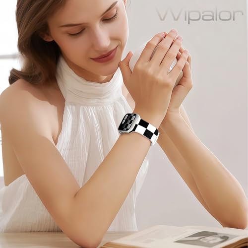 Image of wipalor Checkered Bands for Apple Watch Bands for Women 46mm 45mm 44mm 42mm 49mm, Cute Sport Checkered iWatch Bands Soft Silicone iPhone Watch Bands Series 11 10 9 SE 8 7 6 5 4 3 Ultra-Black /White