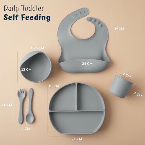 Image of Baybee Silicone Baby Feeding Set | Bpa Free & Microwave Safe Food Grade Baby Utensils with Suction Plate & Bowl, Bib, Water Cup, Forks, Spoons for Infants, Toddlers, Kids Weaning Food Cutlery (Grey)