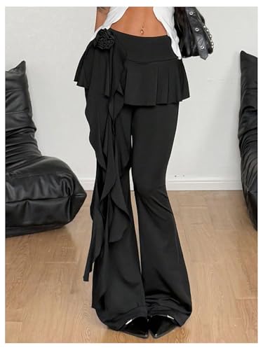 MakeMeChic Women's Floral Bell Bottom Pants Low Waist Flare Y2k Trousers with Ruffle Skirt2
