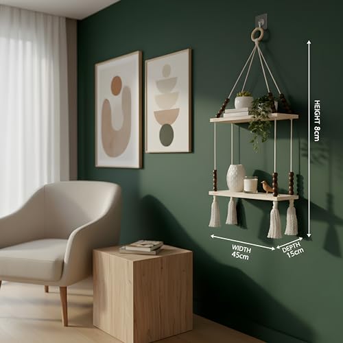 Image of 2-Tier Hanging Shelf with Wall Hook, Use Decor Plants, Books, Decorative Gift Items Nursery Livingroom Wooden Beads & Ring, Tassels Woven Bohemian