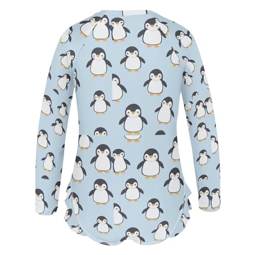 Cartoon Penguin Light Blue Girls Long Sleeve Swimsuit Rash Guard One Piece Bathing Suits Zipper 3-12T3