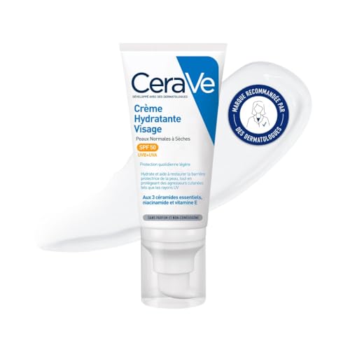 CeraVe - Crème Hydratante Visage SPF50 - Crème de Jour avec Protection UVB + UVA - Acide Hyaluronique, Céramide, Niacinamide, Vitamine E - Peau Normale à Sèche - 52 ml