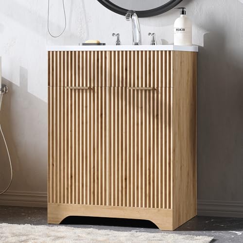 LINLUX 25“ Bathroom Vanity with Ceramic Sink, Fluted Wood Storage