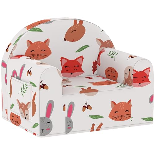 AIYAPLAY Sillón Infantil con Estampado de Zorros, Sofá para Niños de 18-36 Meses con Funda Extraíble y Lavable, Bolsillo Lateral, Reposabrazos, Carga 45 kg, Blanco