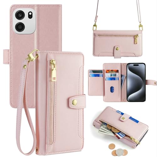 Étui portefeuille OnePlus Nord CE6 en cuir rose avec porte-monnaie zippé