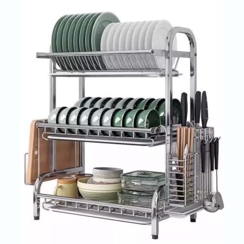 WZYCLTT Escurridor de platos para encimera de cocina, 42 x 25 x 63 cm, escurridor de platos de acero inoxidable, estante de platos de 3 niveles con soporte para cubiertos, tabla de cortar/soporte para
