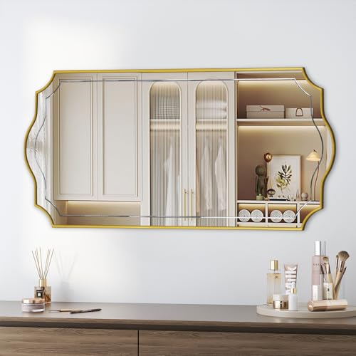 Image of POZINO 47 inchx24 inch Large Scalloped Wall Mirror, Gold Elegant Decorative Mirror | Thickened Wooden Frame, HD Glass, Horizontal /Vertical Hanging, Rectangle Wavy Wall Mirror for Entryway Bedroom Living Room