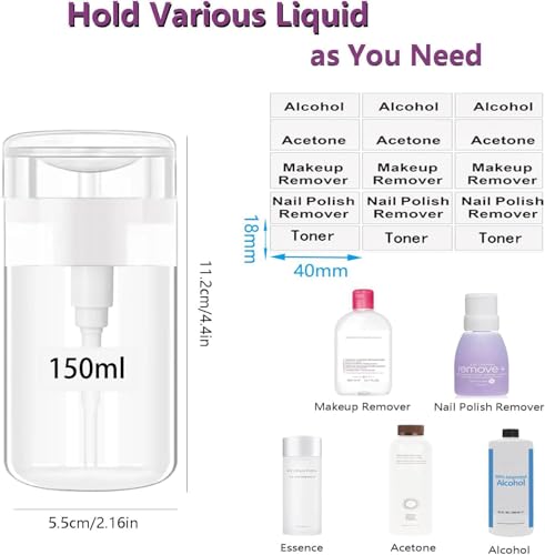 Moonlik 3Pack Acetone Dispenser, Push Down Pump Dispenser Nail Polish Remover Alcohol Bottle with Labels Empty Travel Container with Label for Makeup Liquid Jar 5.1oz/150ML2