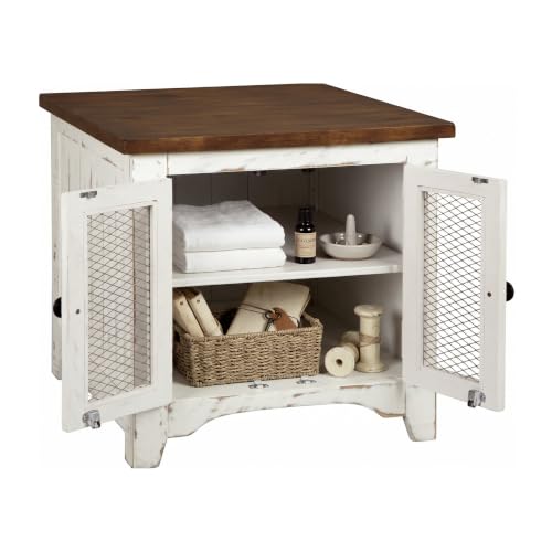 Signature Design by Ashley Wystfield Farmhouse End Table with Storage, Distressed White & Brown Finish