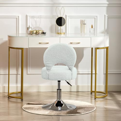 Image of Adjustable Small Vanity Chair with Folding Back for Makeup | 360 Swivel Vanity Stool for Dressing Room | Comfy Teddy Ottoman Stool for Bedroom | Large | Beige