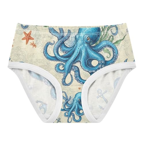 Vintage Blue Octopuses Toddler Cotton Underwear, Cotton Underwear Girls, 2T–8 Years