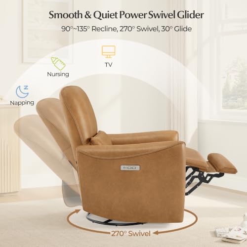 Image of CHITA Power Swivel Glider Recliner Chair, Tall-Wide, Cognac Brown | FSC Certified Upholstery Rocking Chair, Lumbar Support,Faux Leather Reclining Chair for Living Room / Nursery