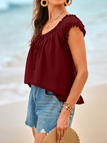 Image of Tankaneo Women Summer Tie Front Tank Tops Cap Sleeve Pleated Babydoll Tops Casual Loose Fit Going Out Flowy Shirt