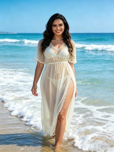 Image of YELAIVP Sexy Beach Cover Ups for Women Sheer Mesh Cover Ups for Swimwear High Cut Swim Suit Bikini Bathing Suit Cover Up