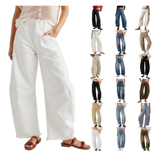 JiXiang Womens Barrel Jeans Vintage Y2K Cargo Baggy Jeans Wide Leg High Waisted Midrise Button Fly Causal Cropped Denim Pants