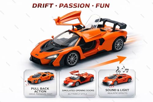Image of Mini McLaren Senna Toy Car Model 1:36 Scale Die-cast Metal Pull Back Vehicle with Openable Doors, Lights & Music, Sports Model for Kids, Boys & Collectors (Orange)