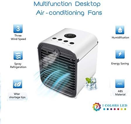 Air Cooler,Personal Space Cooler, 4-in-1 Portable Mini Air Cooler, Humidifier,Aromatherapy & Purifier with 3 Speeds and 7 Colors LED Lights, Bacteriostatic
