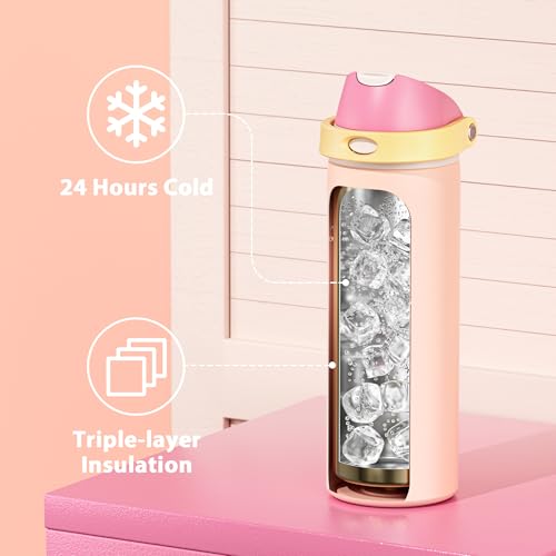 Image of 24 oz Insulated Water Bottle for Women: Meoky Stainless Steel Metal Water Bottle with 2-in-1 Straw and Spout Lid - Leak Proof, Cold for 24 Hours, Protective Silicone Base, BPA-Free for School, Coral