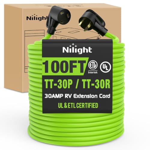 Image of Nilight 100FT 30 Amp RV Extension Cord 10 /3 Gauge Pure Copper TT-30P TT-30R | 125V Heavy Duty STW Wire UL ETL Listed 3 Prong TT-30P TT-30R Weatherproof Suit for Camper Caravan Trailer Bright Green