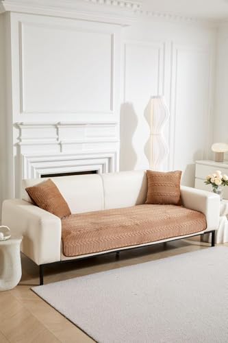 Image of HOMETHREADS Premium Embroidered Cotton Sofa Cover Mat with PVC Backing for Non-Slip Comfort (Brown, 1 Seater Large| 70x90cm)