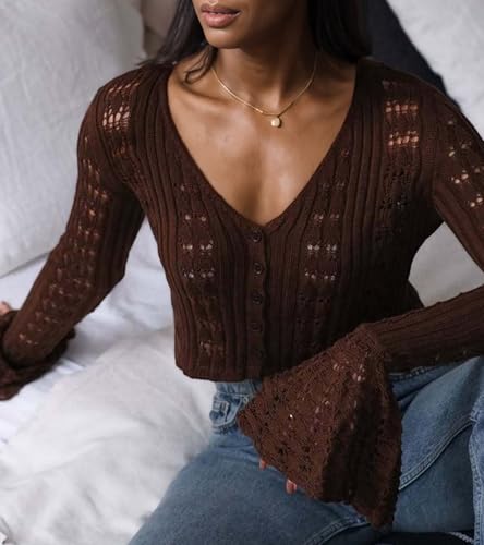 LETSVDO Women's Crochet Crop Cardigan Summer Bell Sleeve Knit Hollow Out Sheer Button Up V Neck Shrug Sweater Tops4