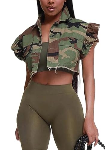 LETSVDO Women's Sexy Camo Halter Vest Backless Sleeveless Lapel V Neck Button Down Jean Crop Tank Top4