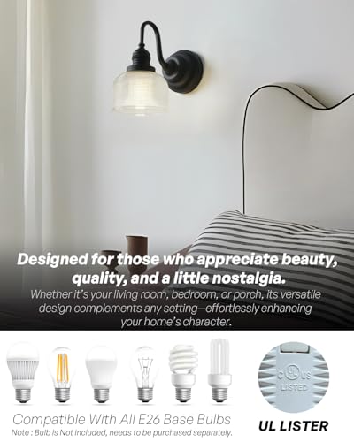 Image of Black Bathroom Vanity Light with Clear Checkered Glass Shade | hardwired wall mounted lamp for bathroom mirror living room bedroom kitchen,DIY-friendly,E26,UL Listed,easy install & clean