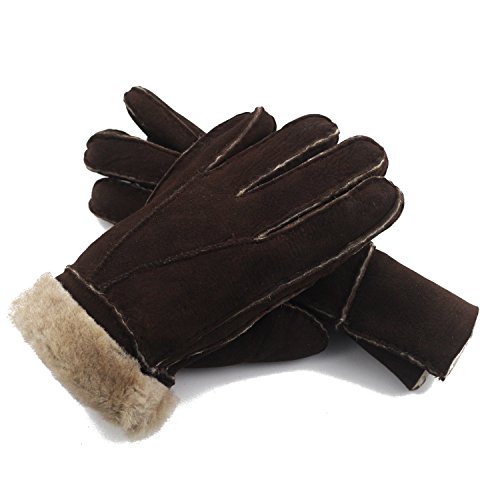 USANDY Men's Rugged Australia Sheepskin Shearling Warm Leather Winter Furry Gloves (Brown)