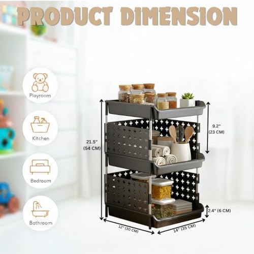 Image of JD Fresh 3 Tier Plastic Storage Drawer Organizer /Stackable Kitchen Organiser Rack /Breathable Design Shelf Storage Stand /Multipurpose Storage Rack for Kitchen, Office, kids room and Pantry (Black)