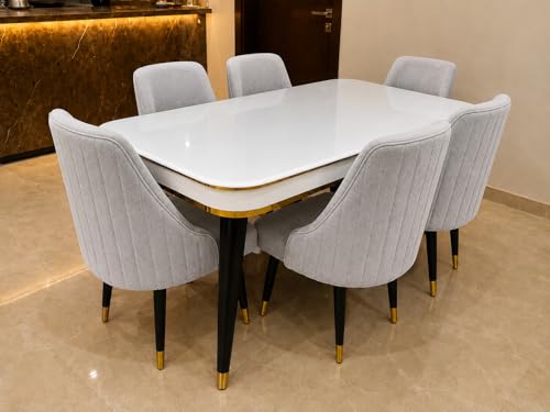 Image of WOODEN SPACE 6-Seater Wooden Dining Table Set | Nano Composite Marble Top | Solid Wood Base | Modern Dining Room Furniture with 6 Chairs (Light Grey Infinity Backline)