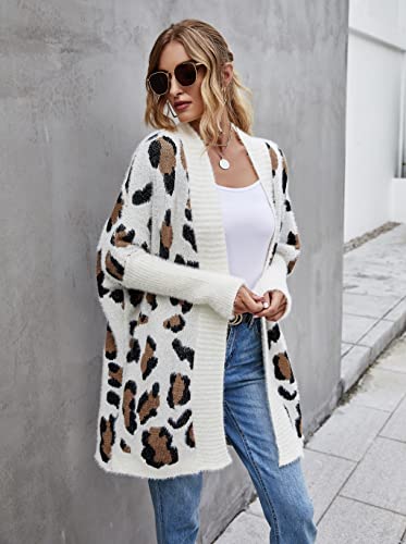Image of Women's Long Sleeves Open Front Casual Leopard Print Fuzzy Knitted Sweater Cardigan Coat Outwear Apricot
