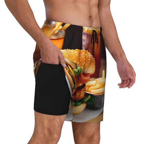 Men's Chicken Leg Burger Drink Print Quick-Dry Mesh Swim Trunks Stretch Lining Beach Shorts Surfing Summer Vacations