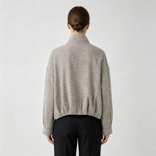 Plaid Bomber Jacket Women Oversized Cropped Funnel Neck Gingham Jacket - image 5