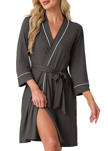 Image of PrinStory Womens Robe Knee Length Soft Knit Bathrobe S-2XL | V-Neck 3 /4 Sleeve Robes with Pockets, Lightweight, Breathable Bath Robe for Shower, Spa, Travel, Home, Party, Nursing