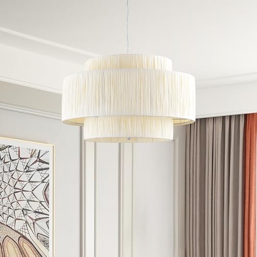 Maxax 3-Light Boho Coastal Chandelier with Raffia Shade for Bedroom, Dining & Living Room