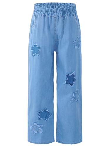 Kids Girls Jeans Star Patches Denim Pants Retro Style Wide Leg Denim Trousers Streetwear for 5-16 Years