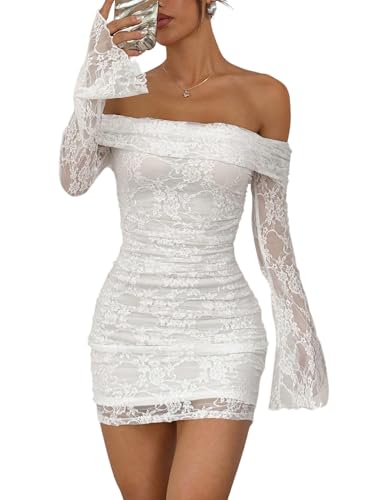 SweatyRocks Damen Spitze Kleid Elegant Off Shoulder Minikleid mit Spitzen Langarm Bodyconkelid Spitzekleid Schulterfreies Kleid Weiß S
