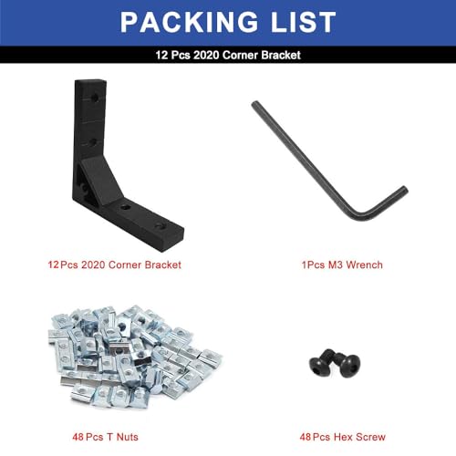 Image of 12pcs 2020 Angle Bracket Corner 2020 Hardware Extruded Aluminum V-Slotted Accessories T-Slot with T Nuts and Screws for 8020 Aluminum Profile 3D Printer Frame Accessories Black