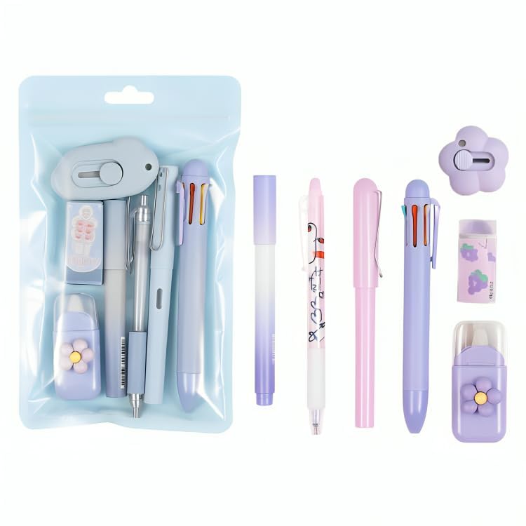 Cute Kawaii Stationery Set for Kids - Aesthetic Pastel Pens, MultiColor Pen, Gel Pens, Erasers, Correction Tape, Highlighter, School Supplies, Birthday Gift, Return Gift Set Boys and Girls (7 in 1).-image-47