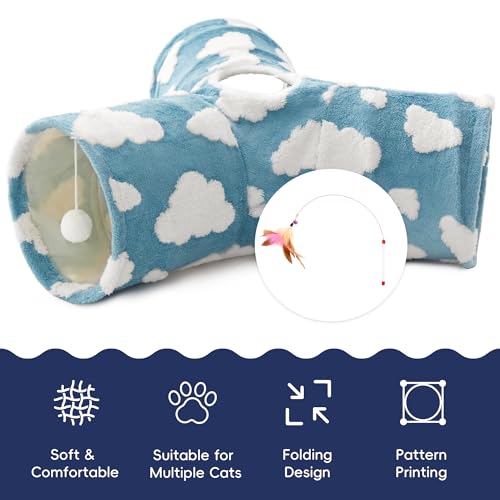 Image of Tempcore Flannel Cat Tunnel for Indoor Cats, 3 Way Collapsible Pet Play Tunnel with Teaser Wand, Peek Holes & Hanging Ball, Interactive Tube for Kittens & Rabbits, Blue Cloud