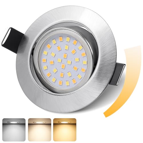 GeyouLux LED Einbaustrahler 230V IP44, 6W Dimmbar Deckenspots, Einbauleuchten 65-75mm, 45° Schwenkbar 3000K Warmweiß 4000K Neutralweiß 6500K Kaltweiß Ultra Flach Nickel Einbauspots für Badezimmer