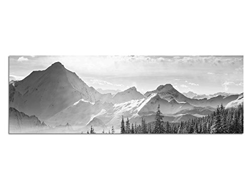 Toile Photo comme Panorama Noir/Blanc 120 x 40 cm forêt Montagnes neige Nuages rayons de soleil