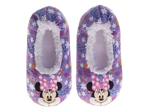 Josmo Minnie Mouse Slipper Socks for Girls - Plush Soft Cozy SlipOn Sock Slippers with Grip - Purple (Size 11-12 Little Kid)