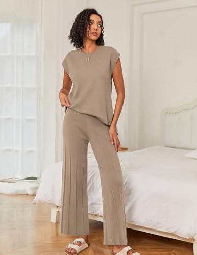Image of Ekouaer Lounge Sets for Women Two Piece Outfits Knit Cap Sleeve Tops Wide Leg Pleated Pants Casual Dressy Sweater Sets